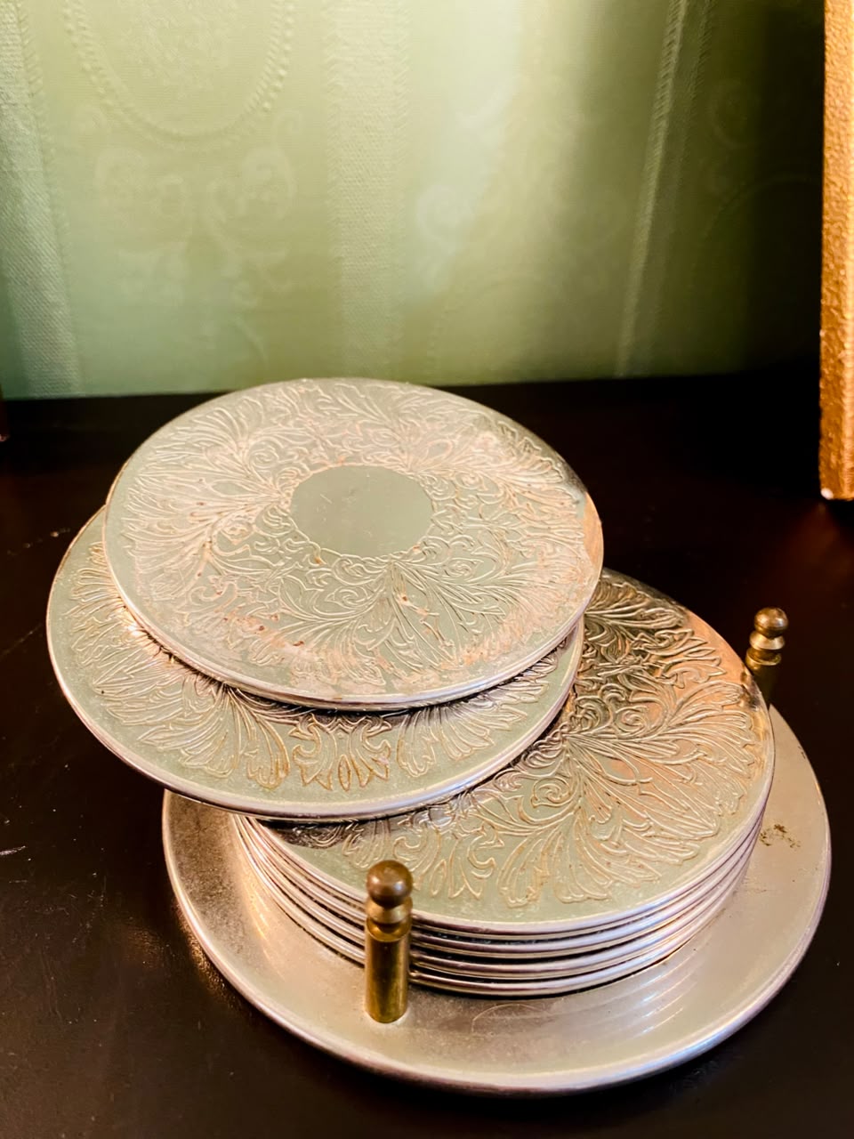 Vintage Silver-Plated Coaster Set of 6 with Holder – 5 Inch