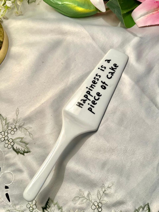 White Ceramic Cake Server 10" – “Happiness is a Piece of Cake”