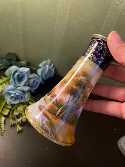 Vintage Hand-Painted Porcelain Bud Vase with Scenic Landscape