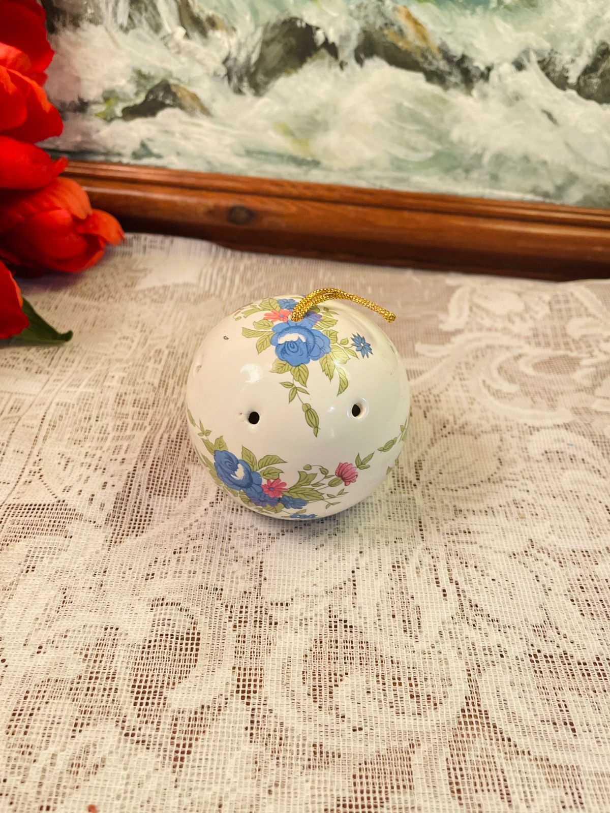 Vintage Floral Ceramic Pomander Ball Ornament
