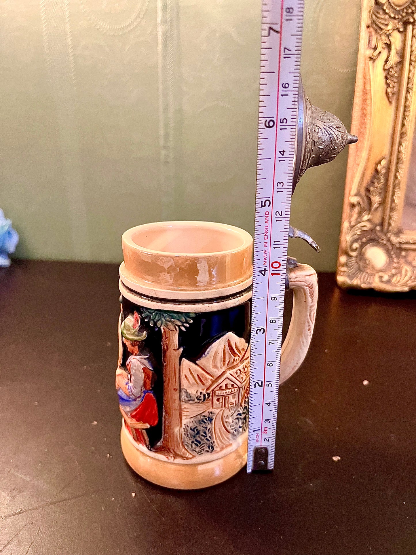 Vintage German Beer Stein with Pewter Lid | Alpine Relief Stoneware Lidded Mug | Collectible Stein