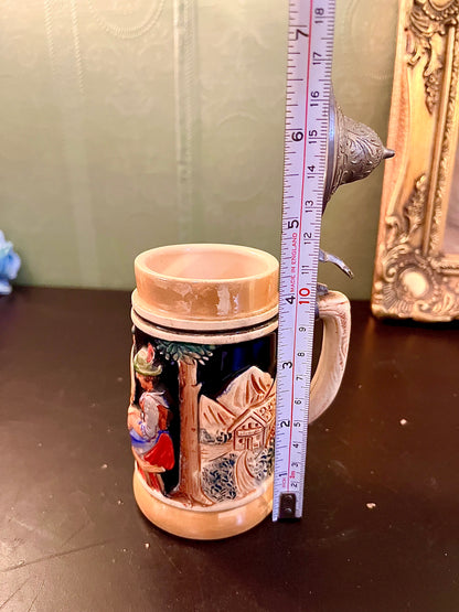 Vintage German Beer Stein with Pewter Lid | Alpine Relief Stoneware Lidded Mug | Collectible Stein