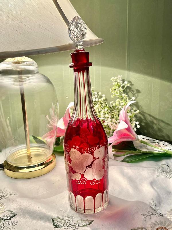 Antique Red Crystal Floral Decanter with Stopper 31 cm