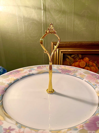 Vintage Floral Two-Tier Cake Stand – Porcelain Dessert Serving Tray with Gold Handle