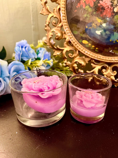 Set of 2 Pink Rose Glass Candle Holders with Floral Wax Candles