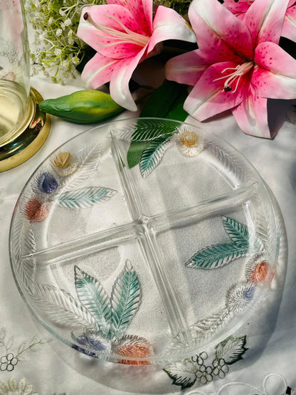 Hand Painted Vintage Floral Crystal 4-Compartment Serving Platter 10 in