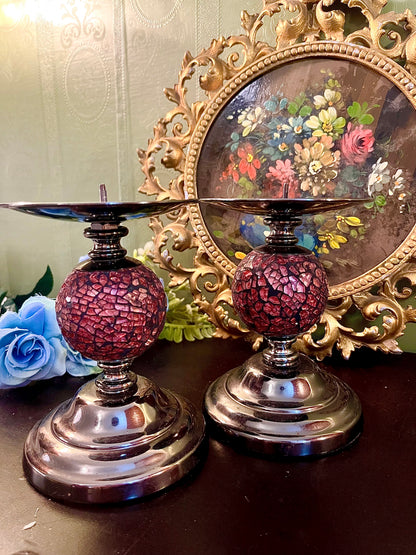 Pair of Red Mosaic Glass & Silver Pillar Candle Holders