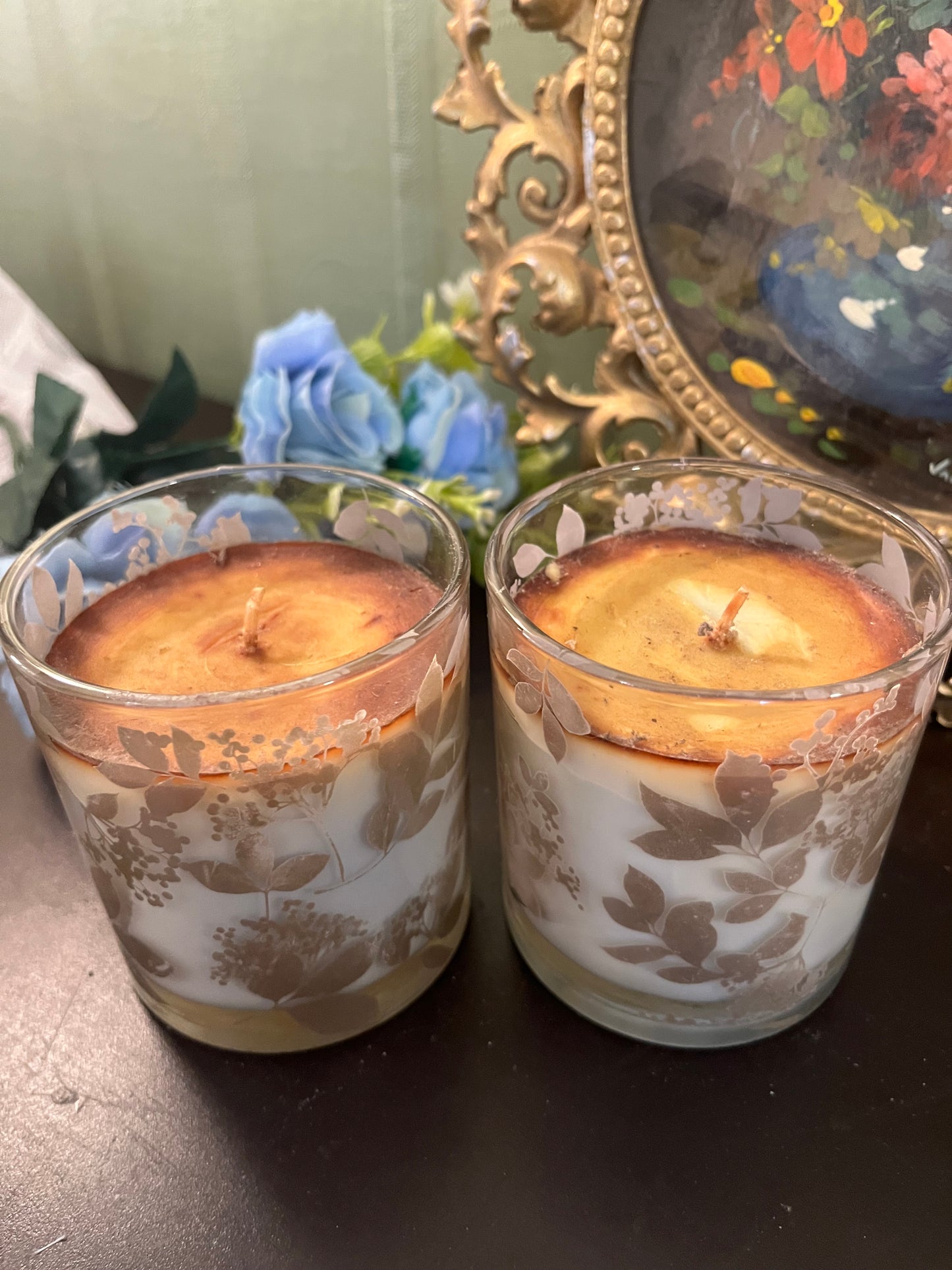 Set of 2 Botanical Glass Scented Candles / Leaf Print Candle Holders