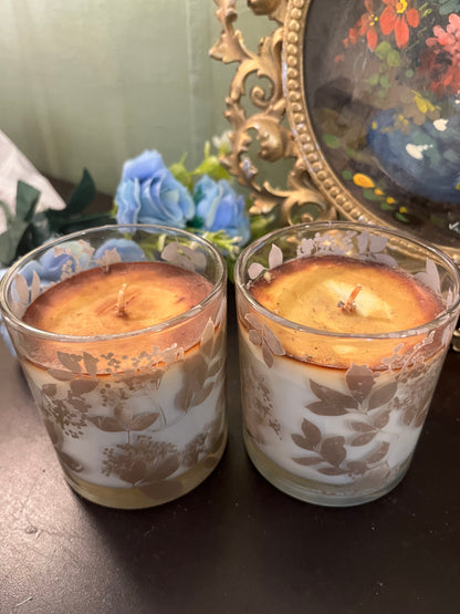 Set of 2 Botanical Glass Scented Candles / Leaf Print Candle Holders