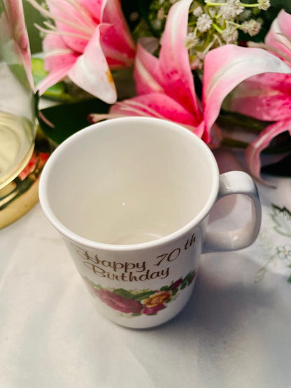 Ashley Staffordshire Happy 70th Birthday Floral Mug Pink Roses Fine Bone China 9 cm