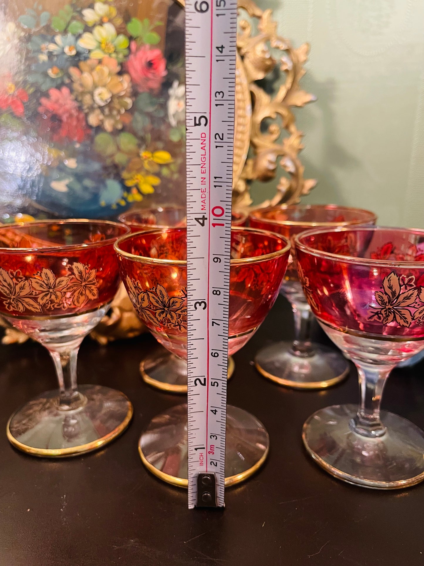 Vintage Ruby Red & Gold Floral Cocktail Glasses – Set of 5