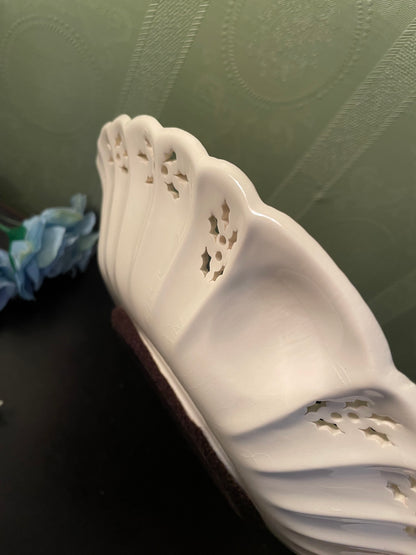 White Ceramic Pierced Oval Serving Bowl