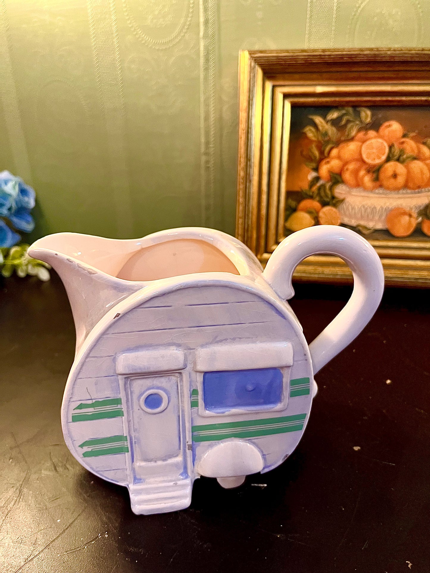Novelty Caravan Ceramic Jug – White Green and Lilac Camper Pitcher