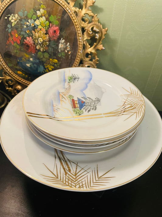 Vintage Japanese Dessert Plates & Platter Set Gold Trim Decor