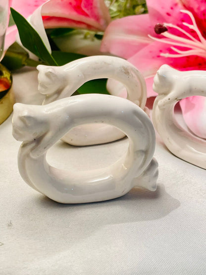 Vintage White Ceramic Cat Napkin Rings Set of 3 Approx. 7 cm Wide