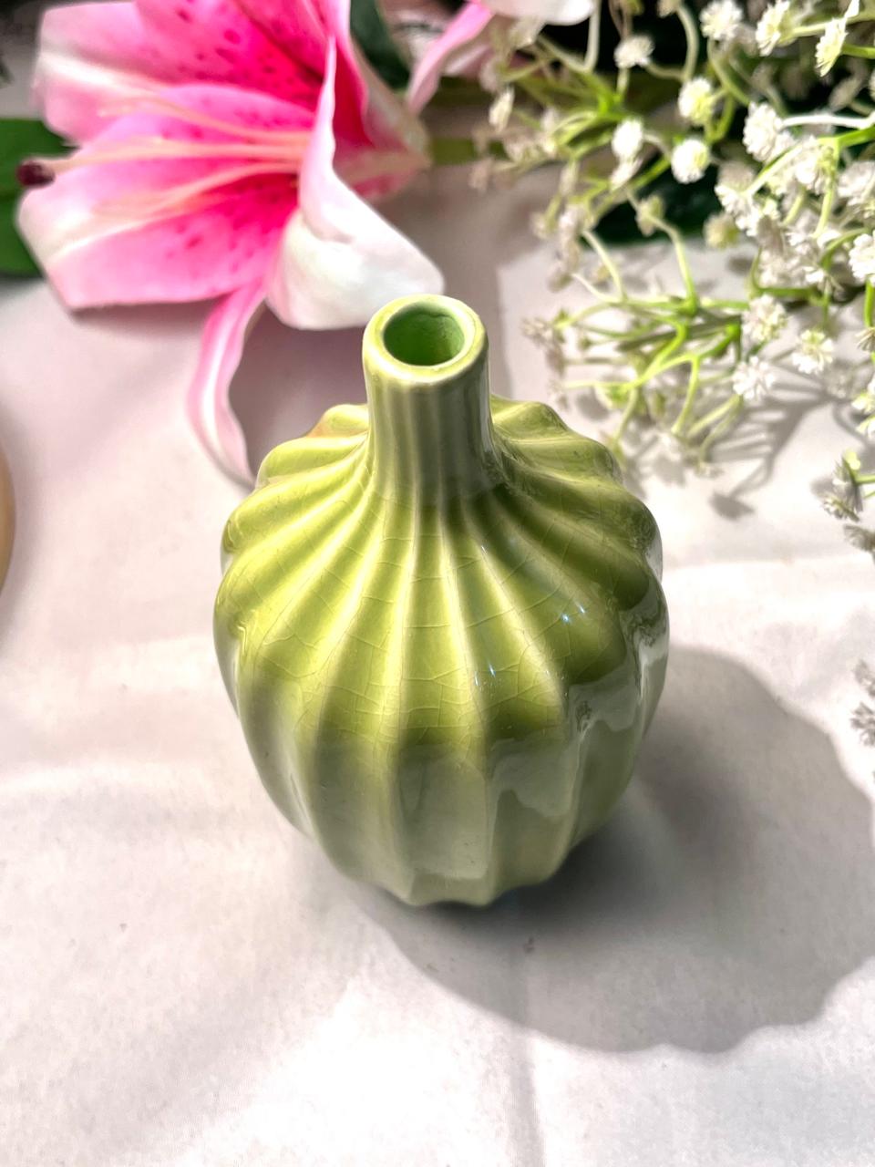 Green Ribbed Ceramic Bud Vase 5.5 Inch