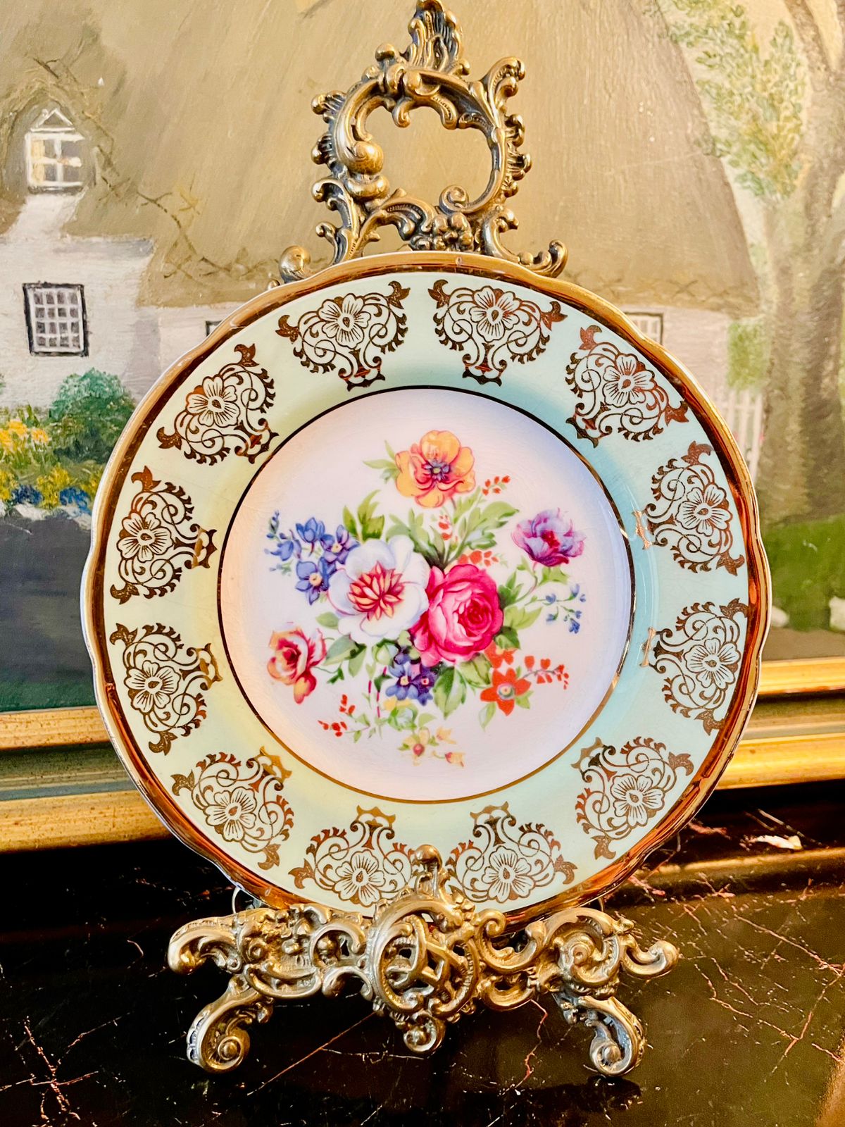 Regency Bone China Decorative Plate – Floral Center with Gold Scrollwork, Made in England