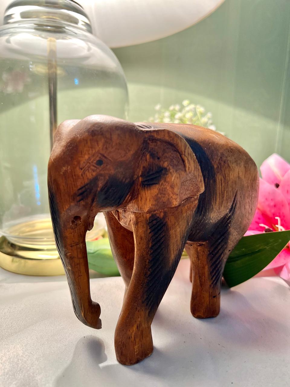Vintage Hand-Carved Wooden Elephant Figurine – 15 cm