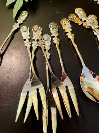 Vintage Rose Handle Appetizer Spoon & Fork Set 5 Inch Silver Plated Flatware