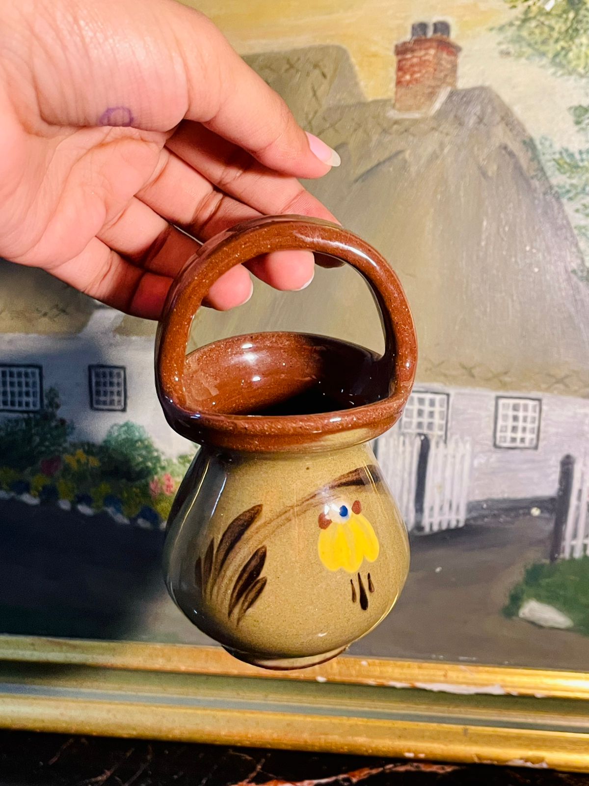 Vintage Miniature Brown Glaze & Yellow Pitcher with Handle