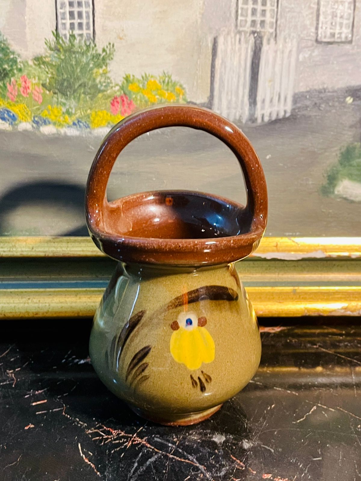 miniaturepitcher, vintagepottery, brownandyellow, glazedceramic, collectableminiature, rusticdecor,  retrohome, cottagecoredecor, sunsetkitchenfinds, potterycollectible, homestyleaccent
