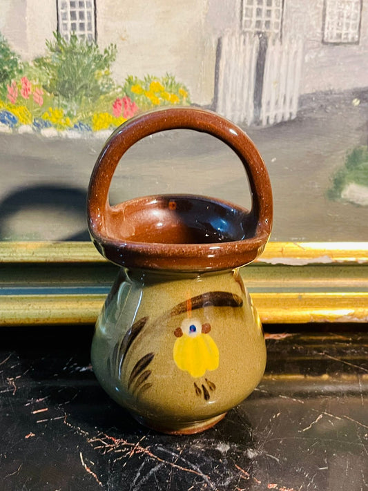 miniaturepitcher, vintagepottery, brownandyellow, glazedceramic, collectableminiature, rusticdecor,  retrohome, cottagecoredecor, sunsetkitchenfinds, potterycollectible, homestyleaccent