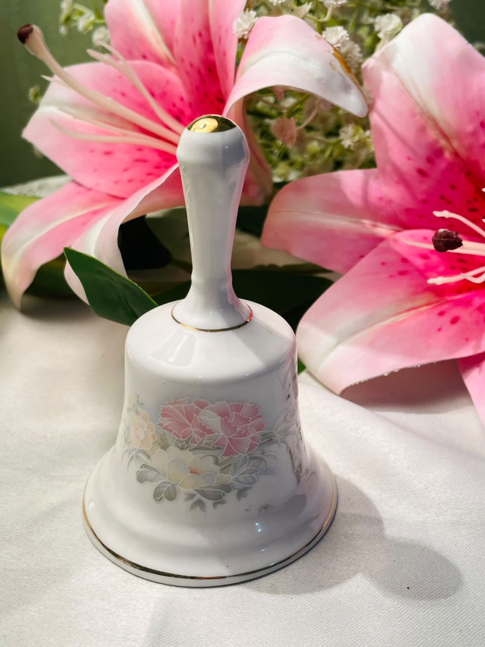 White Floral Decorative Bell Gold-Tone Trim Approx. 10 cm