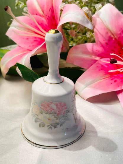 White Floral Decorative Bell Gold-Tone Trim Approx. 10 cm