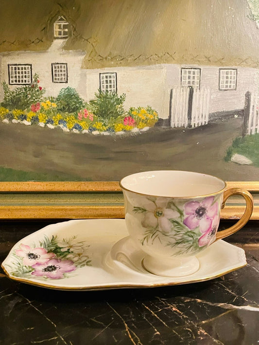 Royal Vale Vintage Footed Tea Cup and Plate – Floral Motif Bone China England