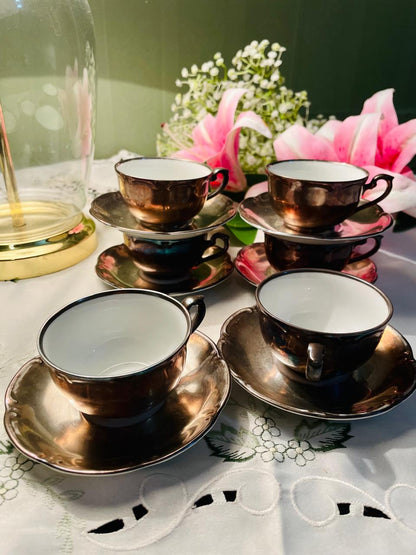 Vintage Silver Copper Lustre Coffee Cup & Saucer Set of 6