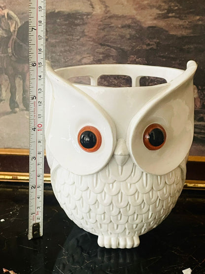 Vintage Ceramic Owl Planter / Utensil Holder – Gloss White Textured Design