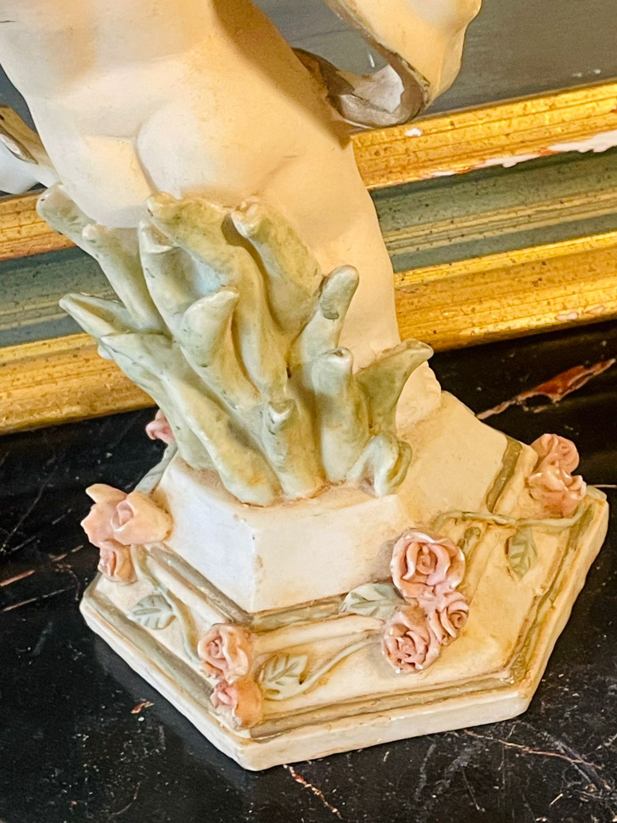 Vintage Porcelain Cherub Figurine with Pink Rose Garland