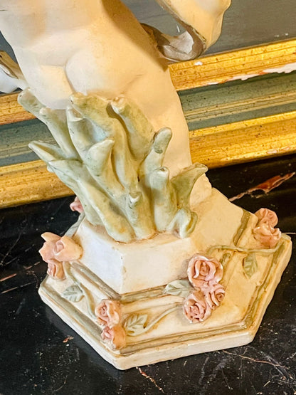 Vintage Porcelain Cherub Figurine with Pink Rose Garland