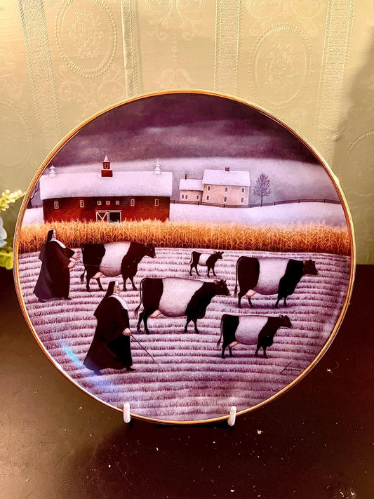 Vintage Winter Farm Cow Decorative Plate 8 Inch