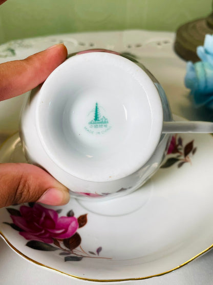 Vintage Pink Rose Gold-Trim Cup & Saucer 2-Piece Set 10 cm