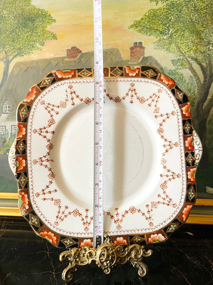 Antique Crown Pottery C.P.L & Co. England Square Serving Plate – Hand-Painted Floral & Geometric Border