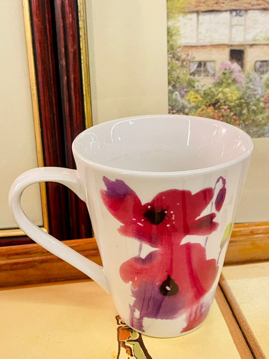 sainsburys mug, abstract floral mug, watercolour mug, modern ceramic mug, colourful mug, dishwasher safe mug, microwave safe mug, contemporary mug, floral drinkware, artistic homeware