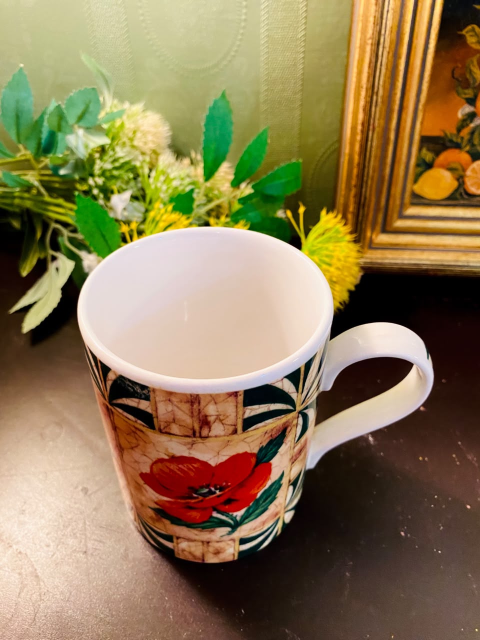 Red Poppy Floral Ceramic Mug 4 Inch Vintage Botanical Coffee Cup
