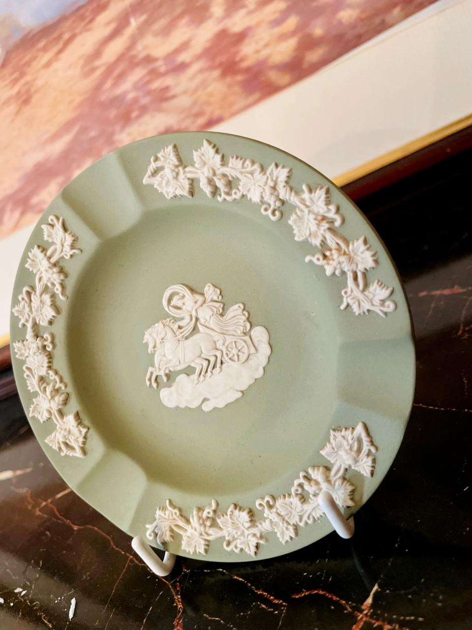 Vintage Wedgwood Jasperware Green Ashtray / Trinket Dish with White Relief – England
