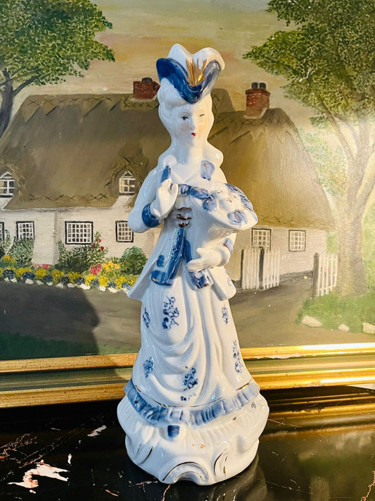 Porcelain Lady Figurine – Blue & White Vintage Style Decorative Statue (30cm)