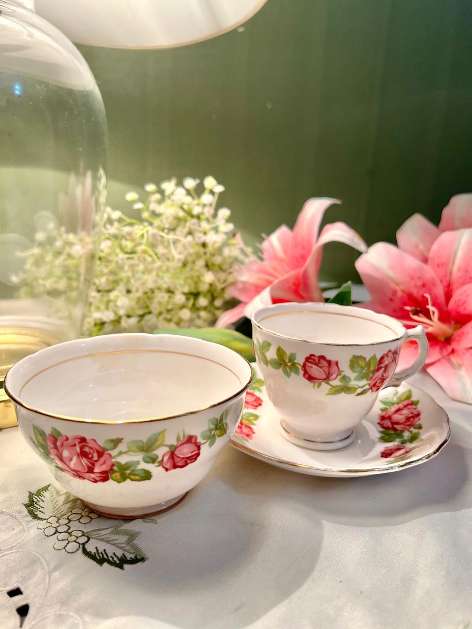 Royal Vale Pink Rose Bone China Trio with Sugar Bowl – 3 Pieces