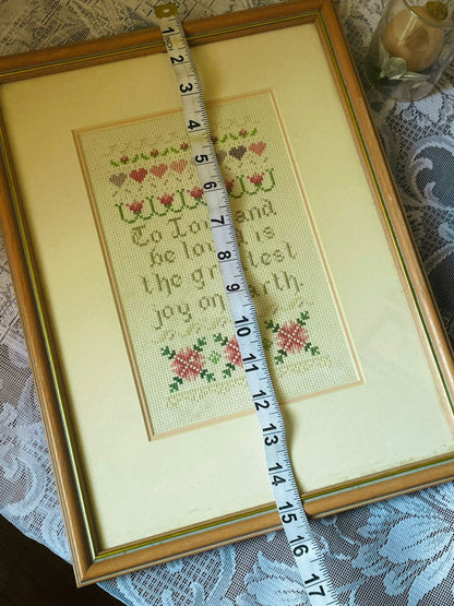 Handmade Cross Stitch Art in Frame – “To Love and Be Loved” Wall Decor