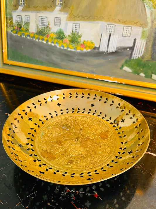 Vintage Brass Decorative Dish – Engraved Floral Centerpiece Tray