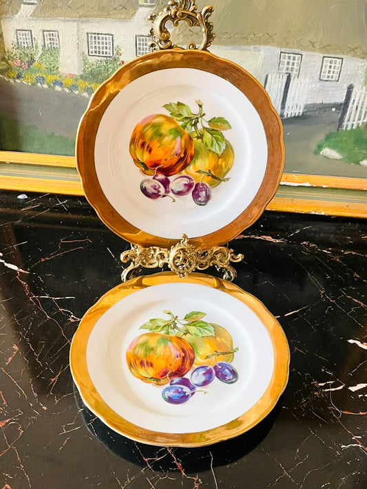 czechoslovakia porcelain plates, vintage gold rim fruit plates, european hand painted china, collectible fruit decor, wall display plate set, rare thrift find, antique kitchen decor, european fine porcelain, vintage serving plate, sunset kitchen vintage collection