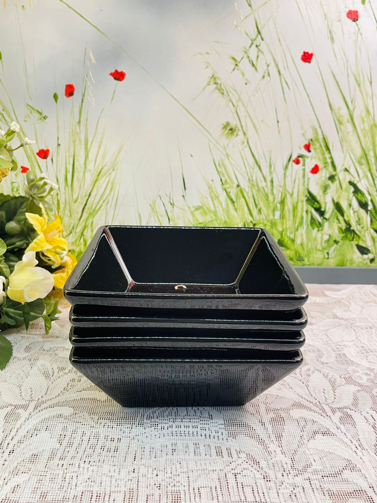 Vintage Black Square Serving Bowls Set of 4 Glossy Ceramic