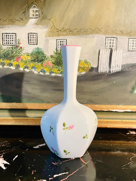 porcelain slim vase, rosebud floral vase, decorative ceramic vase, tall flower vase, collectible English vase, vintage porcelain vase, modern floral vase, pink rose ceramic vase, decorative centerpiece vase, long neck ceramic vase