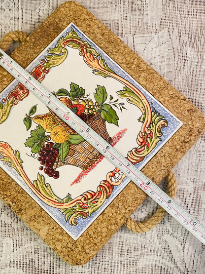 Portuguese Fruit Basket Tile Cork Trivet Decor 9 inch
