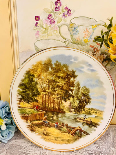 Vintage Hand-Painted Porcelain Decorative Plate – Countryside Fishing Scene