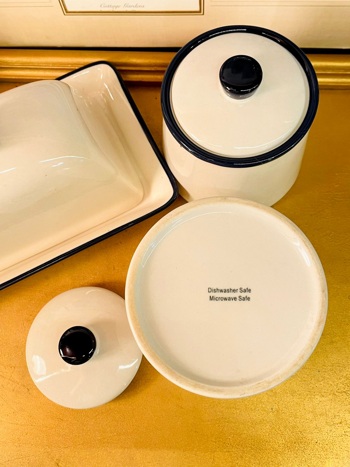 Vintage Enamel Kitchen Canister Set with Butter Dish | Cream & Black