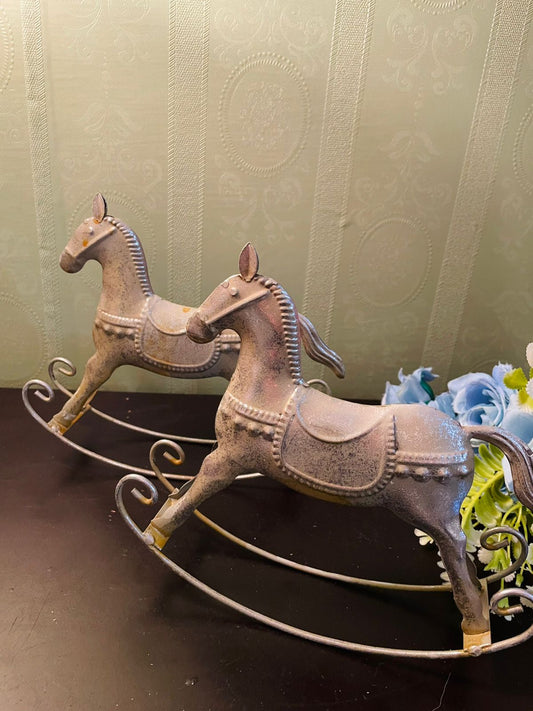 Vintage Metal Rocking Horse Figurines Set Cottage Decor